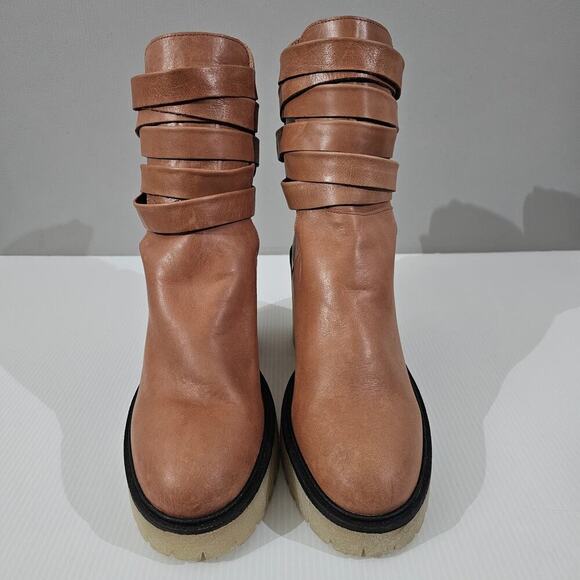 Free People Jesse Ankle Boot Womens EU 41 Tan Leather Cutout Chunky Platform - Picture 4 of 16